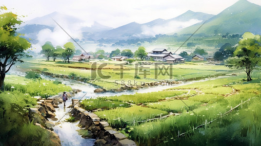 手绘水彩中式田园插图