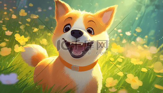 柴插画图片_花丛里有一只卡通可爱的柴犬狗