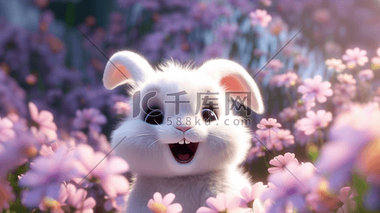一只卡通可爱的3D毛绒兔子形象在花丛中