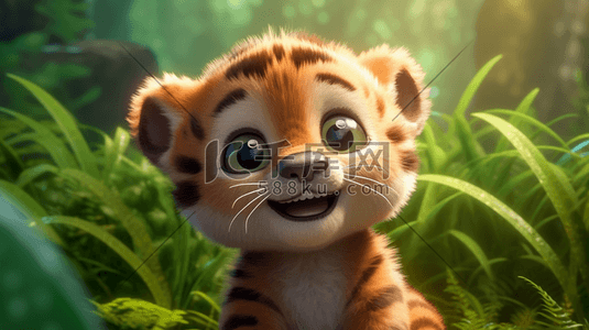 丛林里有一只卡通可爱的3D毛绒老虎