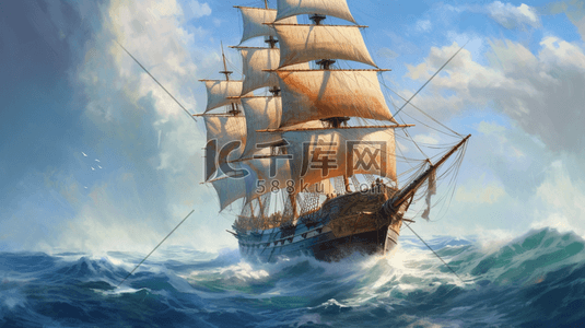 船插画图片_手绘海上破浪拍打船数字艺术图