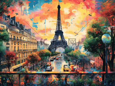 巴黎铁塔画插画图片_手绘铁塔建筑数字艺术图
