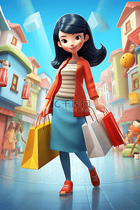 3d立体商务插画图片_彩色立体3D逛街购物的女士