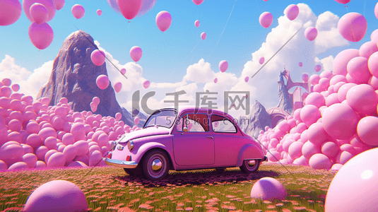 汽车车背景插画图片_可爱的粉色汽车出行