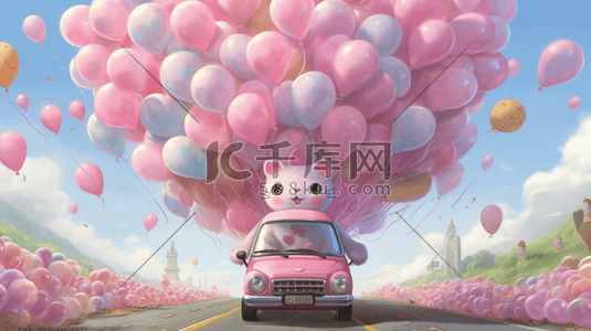 情人节可爱的插画图片_可爱的粉色汽车出行