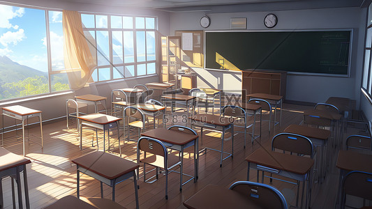 模糊光线插画图片_教室阳光光线青春高品质书桌和黑板细节