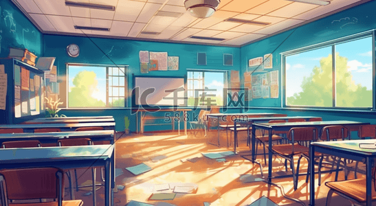版学校教室场景插画卡通校园操场场景插画学校校园教学楼操场插画热门
