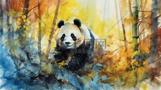 散开的墨水插画图片_中国风水墨水彩画竹林熊猫