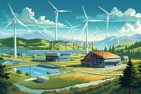 新能源风力发电乡村城市高山海洋场景插画