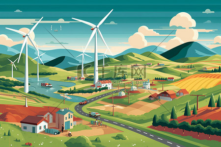 使用中icon插画图片_新能源风力发电乡村城市高山使用场景插画