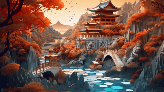 中国剪纸插画古风建筑景观