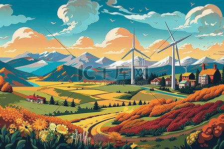 乡村新能源插画图片_新能源风力发电乡村城市高山使用场景插画