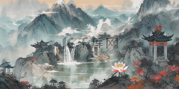 手绘中国风亭子瀑布山数字艺术图