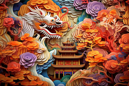 折纸插画图片_剪纸风格古风建筑长城故宫立体感折纸插画