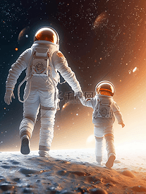 父亲节爸爸陪伴孩子在太空漫步插画
