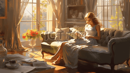 粽享自在人生插画图片_一个女孩独自在客厅的阅读角落里看书阳光很好