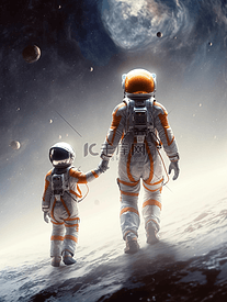 穿着宇航服的爸爸陪孩子太空漫步父亲节插画
