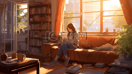 的好插画图片_一个女孩独自在客厅的阅读角落里看书阳光很好
