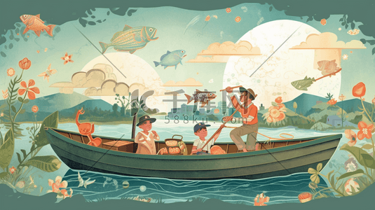 夏季划船和钓鱼的兄弟插图