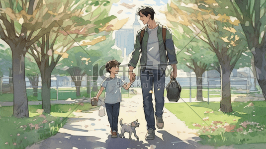 父亲插画图片_父亲带着儿子在公园里散步