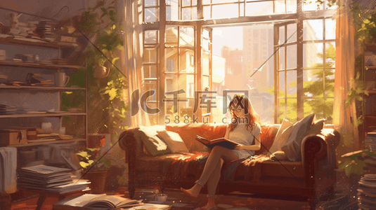 很好插画图片_一个女孩独自在客厅的阅读角落里看书阳光很好