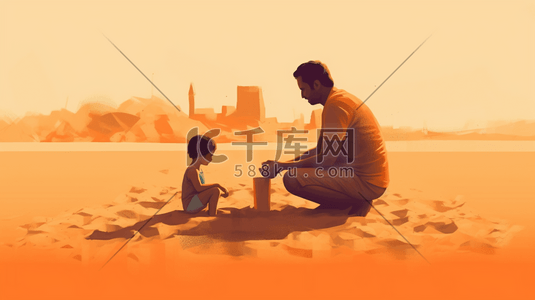 飞扬的沙子插画图片_一个男人和一个孩子在海滩上玩沙子