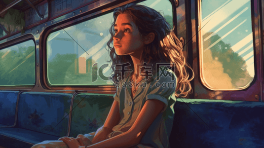 女孩孩插画图片_坐在列车上的女孩