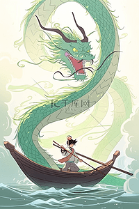 划船桨插画图片_一个非常可爱的中国男孩，在他身后划着一条巨大的中国龙的船