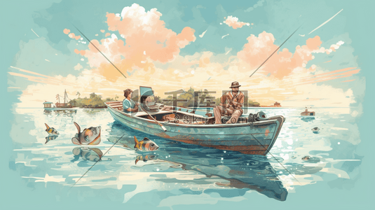 兄弟联盟专享插画图片_夏季划船和钓鱼的兄弟插图