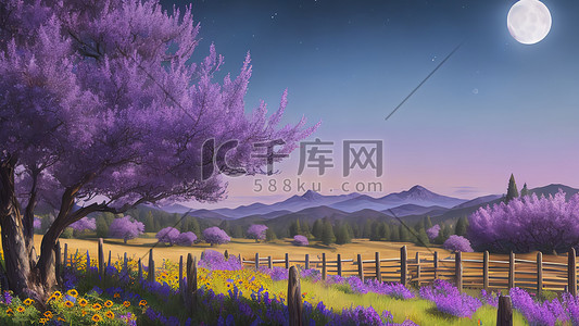 银色的插画图片_美丽的银色紫色田野古老的木栅栏蓝色的山脉