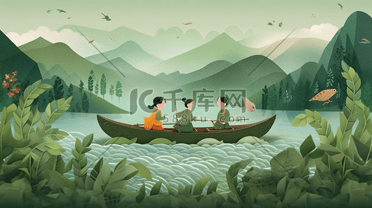 文字旁边的插画图片_一对夫妇在河边划船旁边是绿草采用童趣插图