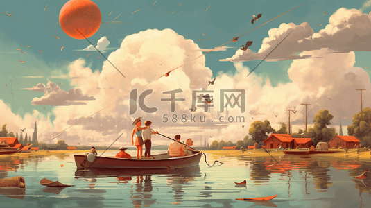 夏季假日插画图片_夏季划船和钓鱼的兄弟插图