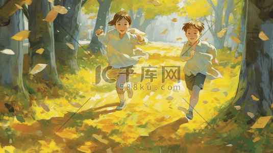 两个孩子在银杏林里奔跑