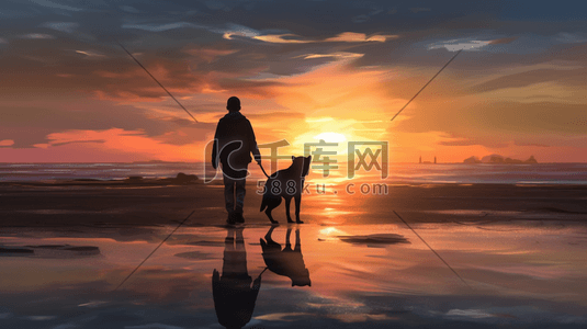 快乐六一幸福童年插画图片_夕阳下，父母、孩子和狗在海边散步