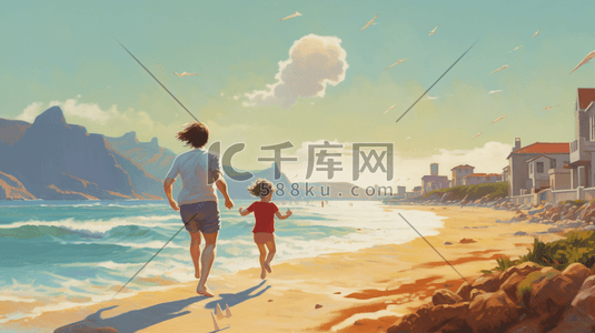 快乐六一幸福童年插画图片_父母带着孩子在海边奔跑