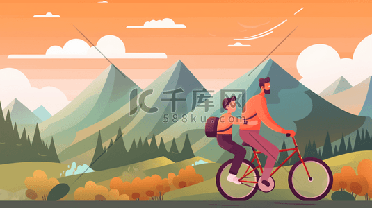 冷的可爱带字集插画图片_父亲带着孩子在前面骑自行车