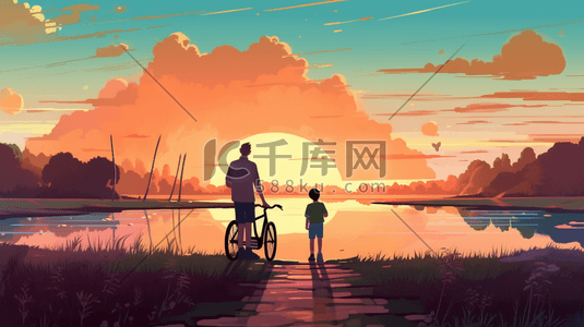 骑自行车的插画图片_一个小男孩和父亲在湖边骑自行车的卡通片