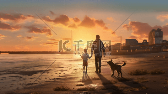 小孩嬉戏插画图片_夕阳下，父母、孩子和狗在海边散步