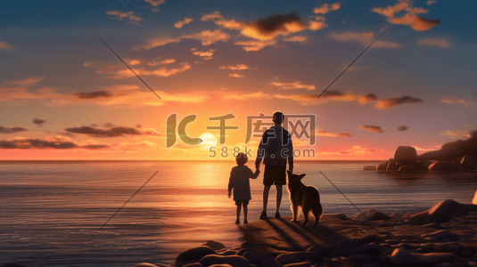 夕阳下，父母、孩子和狗在海边散步