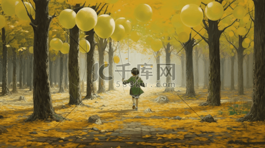 一个孩子拿着氢气球在银杏林里奔跑