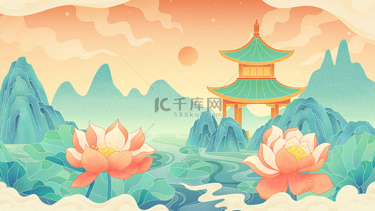 国潮风荷花插画图片_国潮风夏天亭子山水荷花池天空祥云风景