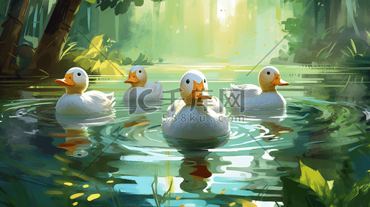 鸭子下水插画图片_一些鸭子在湖里玩耍