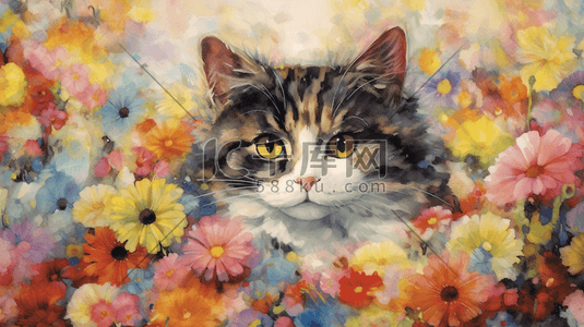动物画猫插画图片_中国风水墨水彩画花丛中的猫