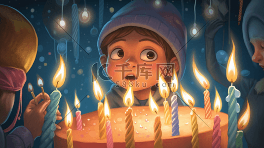 一个生日插画图片_一个孩子正在吹生日蛋糕蜡烛