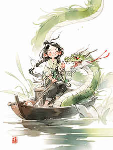 水墨插画图片_端午节中国龙和小女孩在芦苇荡水墨风