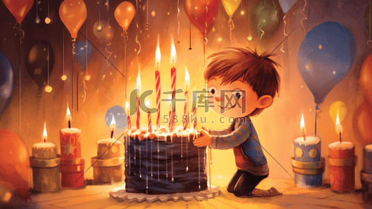 一个生日插画图片_一个孩子正在吹生日蛋糕蜡烛