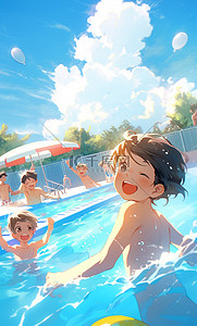 夏天游泳池插画图片_夏天快乐的孩子们