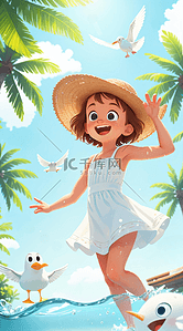 清爽夏日背景插画图片_夏天夏日场景卡通欢乐女孩海鸥