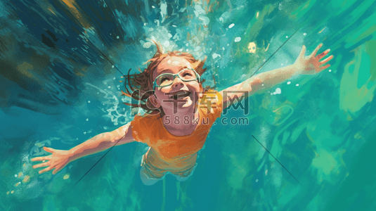 运动的儿童插画图片_一个在水下游泳的小孩