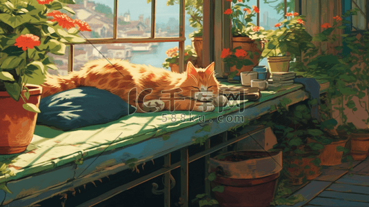 阳插画图片_一只猫睡在阳台上晒太阳